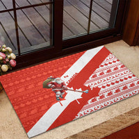 Canada Christmas Rubber Doormat with Santa Playing Hockey Maple Leaf Flag and Red White Knit Pattern Design - Wonder Print Shop