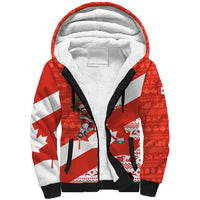 Canada Christmas Sherpa Hoodie with Santa Playing Hockey Maple Leaf Flag and Red White Knit Pattern Design - Wonder Print Shop
