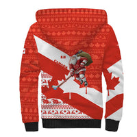 Canada Christmas Sherpa Hoodie with Santa Playing Hockey Maple Leaf Flag and Red White Knit Pattern Design - Wonder Print Shop