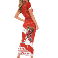 Canada Christmas Short Sleeve Bodycon Dress with Santa Playing Hockey Maple Leaf Flag and Red White Knit Pattern Design - Wonder Print Shop