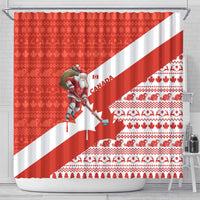 Canada Christmas Shower Curtain with Santa Playing Hockey Maple Leaf Flag and Red White Knit Pattern Design - Wonder Print Shop
