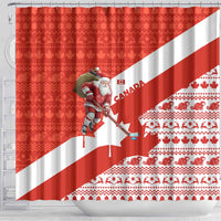 Canada Christmas Shower Curtain with Santa Playing Hockey Maple Leaf Flag and Red White Knit Pattern Design - Wonder Print Shop