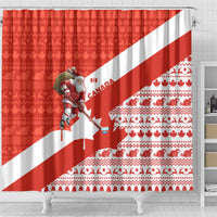 Canada Christmas Shower Curtain with Santa Playing Hockey Maple Leaf Flag and Red White Knit Pattern Design - Wonder Print Shop