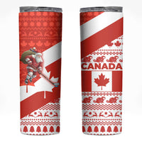 Canada Christmas Skinny Tumbler with Santa Playing Hockey Maple Leaf Flag and Red White Knit Pattern Design - Wonder Print Shop