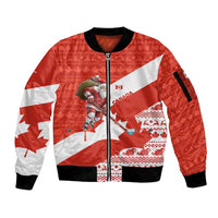 Canada Christmas Sleeve Zip Bomber Jacket with Santa Playing Hockey Maple Leaf Flag and Red White Knit Pattern Design - Wonder Print Shop