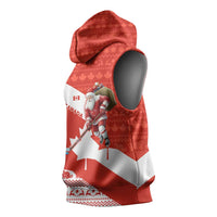 Canada Christmas Sleeveless Hoodie with Santa Playing Hockey Maple Leaf Flag and Red White Knit Pattern Design - Wonder Print Shop