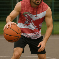 Canada Christmas Sleeveless Hoodie with Santa Playing Hockey Maple Leaf Flag and Red White Knit Pattern Design - Wonder Print Shop