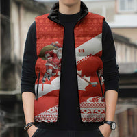 Canada Christmas Sleeveless Puffer Jacket with Santa Playing Hockey Maple Leaf Flag and Red White Knit Pattern Design - Wonder Print Shop