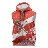 Canada Christmas Sleeveless Zip Hoodie with Santa Playing Hockey Maple Leaf Flag and Red White Knit Pattern Design - Wonder Print Shop