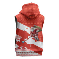 Canada Christmas Sleeveless Zip Hoodie with Santa Playing Hockey Maple Leaf Flag and Red White Knit Pattern Design - Wonder Print Shop