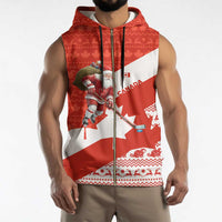 Canada Christmas Sleeveless Zip Hoodie with Santa Playing Hockey Maple Leaf Flag and Red White Knit Pattern Design - Wonder Print Shop