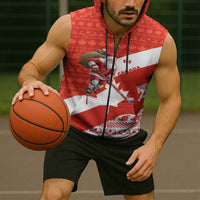 Canada Christmas Sleeveless Zip Hoodie with Santa Playing Hockey Maple Leaf Flag and Red White Knit Pattern Design - Wonder Print Shop