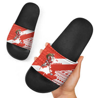 Canada Christmas Slide Sandals with Santa Playing Hockey Maple Leaf Flag and Red White Knit Pattern Design - Wonder Print Shop