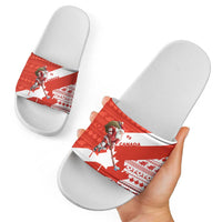 Canada Christmas Slide Sandals with Santa Playing Hockey Maple Leaf Flag and Red White Knit Pattern Design - Wonder Print Shop