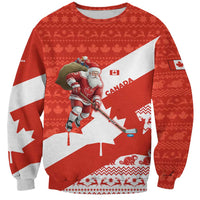 Canada Christmas Sweatshirt with Santa Playing Hockey Maple Leaf Flag and Red White Knit Pattern Design - Wonder Print Shop