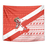Canada Christmas Tapestry with Santa Playing Hockey Maple Leaf Flag and Red White Knit Pattern Design - Wonder Print Shop