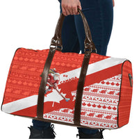 Canada Christmas Travel Bag with Santa Playing Hockey Maple Leaf Flag and Red White Knit Pattern Design - Wonder Print Shop