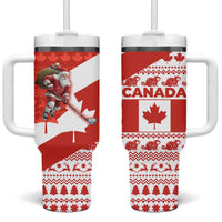 Canada Christmas Tumbler With Handle with Santa Playing Hockey Maple Leaf Flag and Red White Knit Pattern Design - Wonder Print Shop