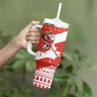 Canada Christmas Tumbler With Handle with Santa Playing Hockey Maple Leaf Flag and Red White Knit Pattern Design - Wonder Print Shop