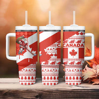Canada Christmas Tumbler With Handle with Santa Playing Hockey Maple Leaf Flag and Red White Knit Pattern Design - Wonder Print Shop