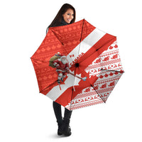 Canada Christmas Umbrella with Santa Playing Hockey Maple Leaf Flag and Red White Knit Pattern Design - Wonder Print Shop