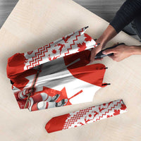 Canada Christmas Umbrella with Santa Playing Hockey Maple Leaf Flag and Red White Knit Pattern Design - Wonder Print Shop
