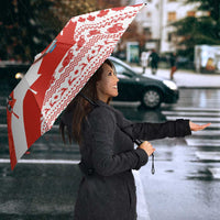 Canada Christmas Umbrella with Santa Playing Hockey Maple Leaf Flag and Red White Knit Pattern Design - Wonder Print Shop