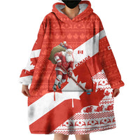 Canada Christmas Wearable Blanket Hoodie with Santa Playing Hockey Maple Leaf Flag and Red White Knit Pattern Design - Wonder Print Shop