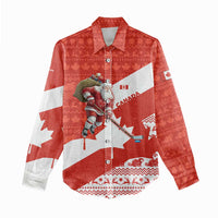 Canada Christmas Women Casual Shirt with Santa Playing Hockey Maple Leaf Flag and Red White Knit Pattern Design - Wonder Print Shop