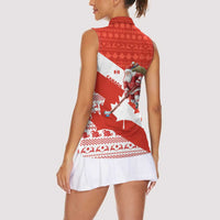 Canada Christmas Women Sleeveless Polo Shirt with Santa Playing Hockey Maple Leaf Flag and Red White Knit Pattern Design - Wonder Print Shop
