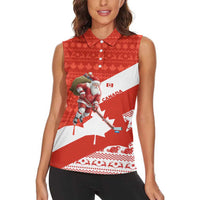 Canada Christmas Women Sleeveless Polo Shirt with Santa Playing Hockey Maple Leaf Flag and Red White Knit Pattern Design - Wonder Print Shop