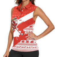 Canada Christmas Women Sleeveless Polo Shirt with Santa Playing Hockey Maple Leaf Flag and Red White Knit Pattern Design - Wonder Print Shop