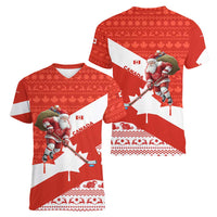 Canada Christmas Women V-Neck T-Shirt with Santa Playing Hockey Maple Leaf Flag and Red White Knit Pattern Design - Wonder Print Shop