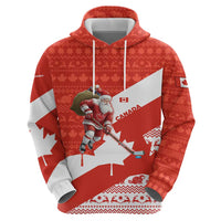 Canada Christmas Zip Hoodie with Santa Playing Hockey Maple Leaf Flag and Red White Knit Pattern Design - Wonder Print Shop