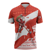 Canada Christmas Zipper Polo Shirt with Santa Playing Hockey Maple Leaf Flag and Red White Knit Pattern Design - Wonder Print Shop