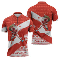 Canada Christmas Zipper Polo Shirt with Santa Playing Hockey Maple Leaf Flag and Red White Knit Pattern Design - Wonder Print Shop