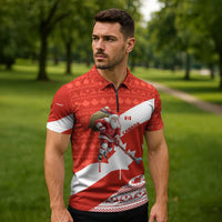 Canada Christmas Zipper Polo Shirt with Santa Playing Hockey Maple Leaf Flag and Red White Knit Pattern Design - Wonder Print Shop