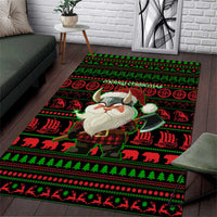 Viking Christmas Area Rug with Santa Warrior Axe Nordic Symbols Red Green Black Knit Pattern Design - Wonder Print Shop