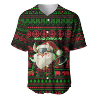 Viking Christmas Baseball Jersey with Santa Warrior Axe Nordic Symbols Red Green Black Knit Pattern Design - Wonder Print Shop