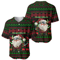 Viking Christmas Baseball Jersey with Santa Warrior Axe Nordic Symbols Red Green Black Knit Pattern Design - Wonder Print Shop
