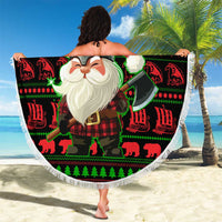 Viking Christmas Beach Blanket with Santa Warrior Axe Nordic Symbols Red Green Black Knit Pattern Design - Wonder Print Shop