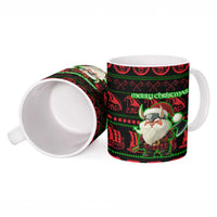Viking Christmas Ceramic Mug with Santa Warrior Axe Nordic Symbols Red Green Black Knit Pattern Design - Wonder Print Shop