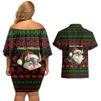 Viking Christmas Couples Matching Off Shoulder Short Dress and Hawaiian Shirt with Santa Warrior Axe Nordic Symbols Red Green Black Knit Pattern Design - Wonder Print Shop