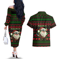 Viking Christmas Couples Matching Off The Shoulder Long Sleeve Dress and Hawaiian Shirt with Santa Warrior Axe Nordic Symbols Red Green Black Knit Pattern Design - Wonder Print Shop