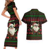 Viking Christmas Couples Matching Short Sleeve Bodycon Dress and Hawaiian Shirt with Santa Warrior Axe Nordic Symbols Red Green Black Knit Pattern Design - Wonder Print Shop