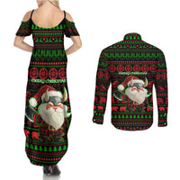 Viking Christmas Couples Matching Summer Maxi Dress and Long Sleeve Button Shirt with Santa Warrior Axe Nordic Symbols Red Green Black Knit Pattern Design - Wonder Print Shop