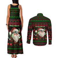 Viking Christmas Couples Matching Tank Maxi Dress and Long Sleeve Button Shirt with Santa Warrior Axe Nordic Symbols Red Green Black Knit Pattern Design - Wonder Print Shop