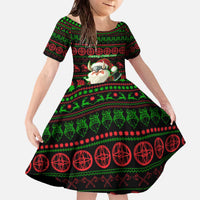 Viking Christmas Family Matching Off The Shoulder Long Sleeve Dress and Hawaiian Shirt with Santa Warrior Axe Nordic Symbols Red Green Black Knit Pattern Design - Wonder Print Shop