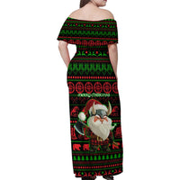 Viking Christmas Family Matching Off Shoulder Maxi Dress and Hawaiian Shirt with Santa Warrior Axe Nordic Symbols Red Green Black Knit Pattern Design - Wonder Print Shop