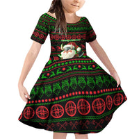 Viking Christmas Family Matching Off Shoulder Short Dress and Hawaiian Shirt with Santa Warrior Axe Nordic Symbols Red Green Black Knit Pattern Design - Wonder Print Shop